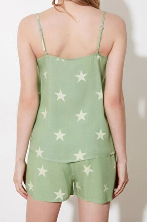 Kadın Viskon Kare Yaka Askılı Kol Yıldızlı İp Askılı Viskon Dokuma Pijama Takımı