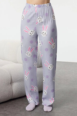 Kadın Moda Şık Gömlek Yaka Boru Paça Uzun Kol Tavşan Desenli Viskon Dokuma Pijama Takımı