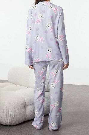 Kadın Moda Şık Gömlek Yaka Boru Paça Uzun Kol Tavşan Desenli Viskon Dokuma Pijama Takımı