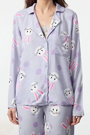 Kadın Moda Şık Gömlek Yaka Boru Paça Uzun Kol Tavşan Desenli Viskon Dokuma Pijama Takımı