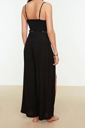 Kadın Moda Şık ispanyol paça Kısa Boy Uzun Kollu Dokuma Yırtmaçlı Bluz Pantolon Takım