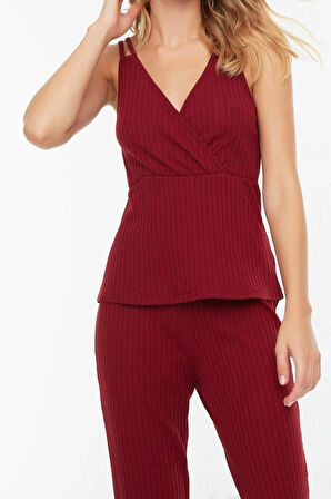 Kadın Pamuklu V Yaka Askılı Kol Pamuklu Fitilli İp Askılı Örme Pijama Takımı
