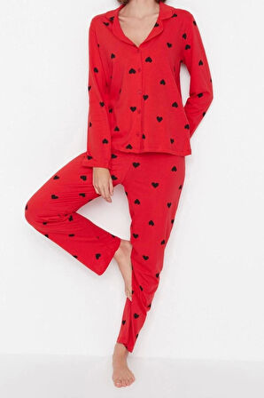 Kadın %100 Pamuk Ceket Yaka Uzun Kol %100 Pamuk Kalp Desenli Gömlek-Pantolon Örme Pijama Takımı