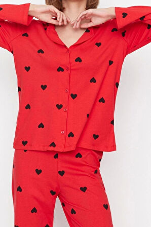 Kadın %100 Pamuk Ceket Yaka Uzun Kol %100 Pamuk Kalp Desenli Gömlek-Pantolon Örme Pijama Takımı