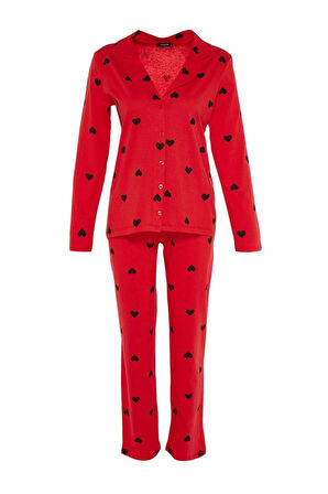 Kadın %100 Pamuk Ceket Yaka Uzun Kol %100 Pamuk Kalp Desenli Gömlek-Pantolon Örme Pijama Takımı