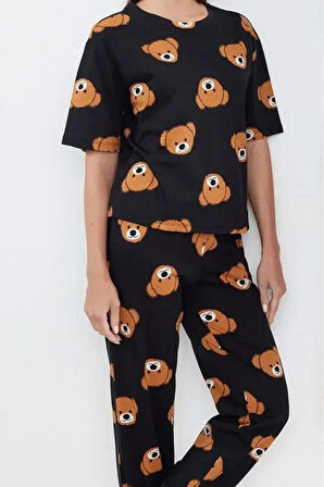 Kadın %100 Pamuk Bisiklet Yaka Kısa Kol Ayıcık Desenli T-shirt-Pantolon Örme Pijama Takımı