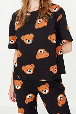 Kadın %100 Pamuk Bisiklet Yaka Kısa Kol Ayıcık Desenli T-shirt-Pantolon Örme Pijama Takımı