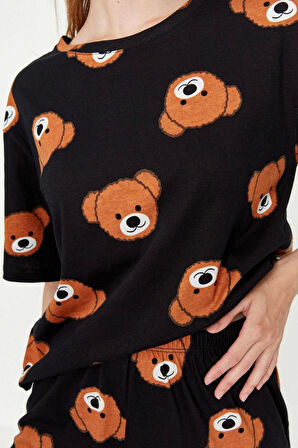 Kadın %100 Pamuk Bisiklet Yaka Kısa Kol Ayıcık Desenli T-shirt-Pantolon Örme Pijama Takımı