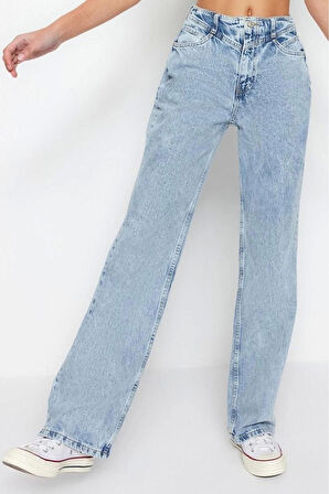 Kadın Moda Şık Kot Pantolon Geniş Paça Regular Boy Denim Gri Bel Detaylı Yüksek Bel Jeans