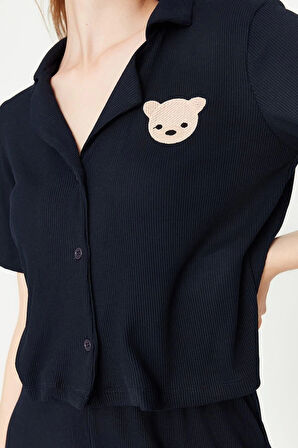 Kadın Polyester Gömlek Yaka Kısa Kol Ayıcık Nakışlı Fitilli Gömlek-Pantolon Örme Pijama Takımı