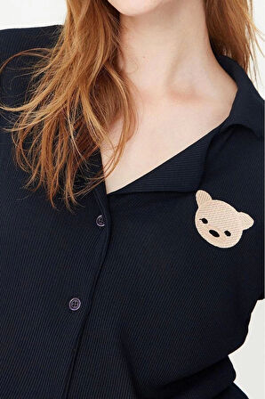 Kadın Polyester Gömlek Yaka Kısa Kol Ayıcık Nakışlı Fitilli Gömlek-Pantolon Örme Pijama Takımı