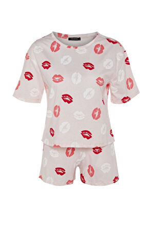 Kadın %100 Pamuk Bisiklet Yaka Kısa Kol %100 Pamuk Dudak Desenli T-shirt-Şort Örme Pijama Takımı