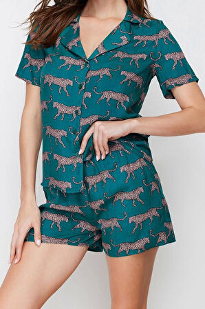Kadın Viskon Ceket Yaka Kısa Kol Desenli Viskon Gömlek-Şort Dokuma Pijama Takımı