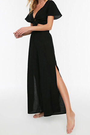 Kadın Yeni Moda Geniş Paça Regular Boy Dokuma Haki %100 Pamuklu Pantolon