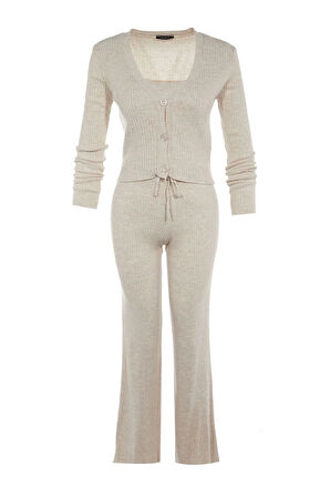 Kadın Moda Şık Geniş Paça Crop Boy Uzun Kollu Fitillli Bluz Hırka Pantolon Triko Alt-Üst Takım