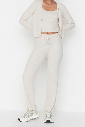 Kadın Moda Şık Geniş Paça Crop Boy Uzun Kollu Fitillli Bluz Hırka Pantolon Triko Alt-Üst Takım
