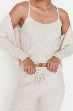 Kadın Moda Şık Geniş Paça Crop Boy Uzun Kollu Fitillli Bluz Hırka Pantolon Triko Alt-Üst Takım