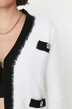 Kadın Moda Şık Regular V Yaka Regular Tüylü Sakal İp Renk Bloklu Triko Hırka