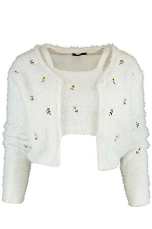 Kadın Moda Şık Regular V Yaka Regular Tüylü Sakal İp Bluz-Hırka Triko Takım