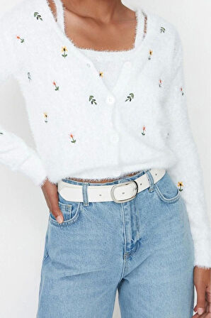 Kadın Moda Şık Regular V Yaka Regular Tüylü Sakal İp Bluz-Hırka Triko Takım