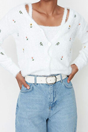 Kadın Moda Şık Regular V Yaka Regular Tüylü Sakal İp Bluz-Hırka Triko Takım