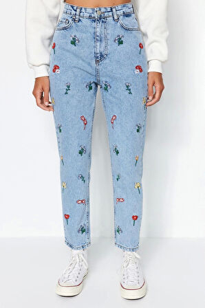 Kadın Moda Şık Kot Pantolon Dar Paça Regular Boy Denim Mavi Nakışlı Yüksek Bel Mom Jeans