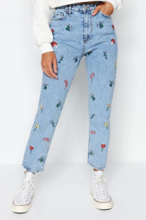 Kadın Moda Şık Kot Pantolon Dar Paça Regular Boy Denim Mavi Nakışlı Yüksek Bel Mom Jeans
