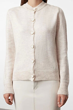 Kadın Moda Regular Bisiklet Yaka Regular Yumuşak Dokulu Mücevher Düğmeli Ceket Görünümlü Triko Hırka