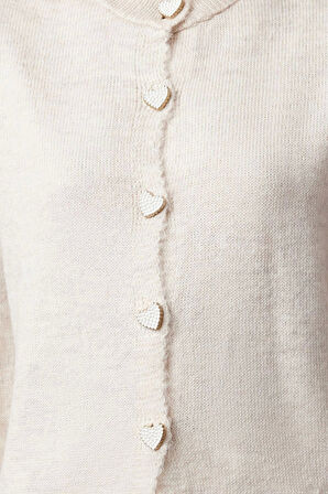 Kadın Moda Regular Bisiklet Yaka Regular Yumuşak Dokulu Mücevher Düğmeli Ceket Görünümlü Triko Hırka