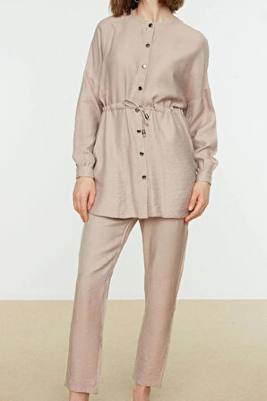 Kadın Moda Şık Boru Paça Regular Boy Uzun Kollu Beli Bağlamalı Gömlek-Pantolon Dokuma Takım