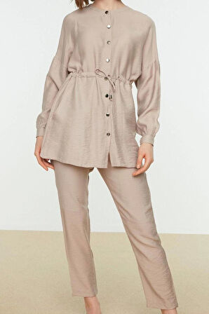 Kadın Moda Şık Boru Paça Regular Boy Uzun Kollu Beli Bağlamalı Gömlek-Pantolon Dokuma Takım