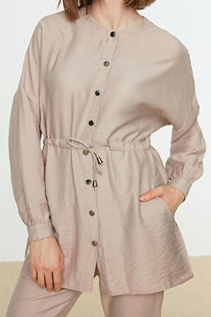 Kadın Moda Şık Boru Paça Regular Boy Uzun Kollu Beli Bağlamalı Gömlek-Pantolon Dokuma Takım