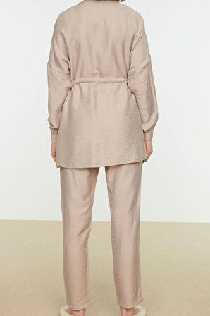 Kadın Moda Şık Boru Paça Regular Boy Uzun Kollu Beli Bağlamalı Gömlek-Pantolon Dokuma Takım