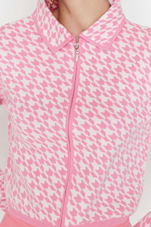 Kadın Moda Şık Crop Polo Yaka Uzun Kol Kazayağı Crop Yaka Detaylı Triko Hırka