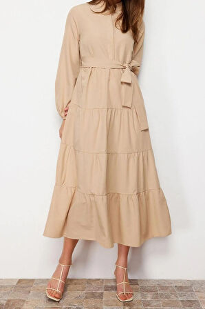 Yeni Rahat Casual Günlük Terrycotton Dokuma Dik Yaka Uzun Kol Basic Maxi Boy Tesettür Elbise