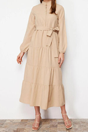 Yeni Rahat Casual Günlük Terrycotton Dokuma Dik Yaka Uzun Kol Basic Maxi Boy Tesettür Elbise