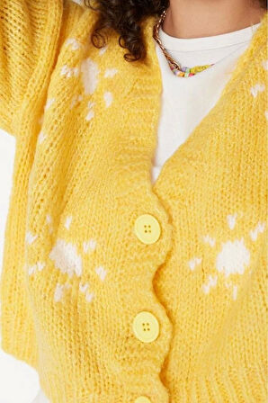 Kadın Moda Şık Crop V Yaka Regular Yumuşak Dokulu Desenli Triko Hırka