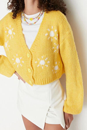 Kadın Moda Şık Crop V Yaka Regular Yumuşak Dokulu Desenli Triko Hırka