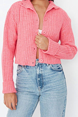 Kadın Moda Şık Crop Dik Yaka Regular Crop Yumuşak Dokulu Dik Yaka Triko Hırka