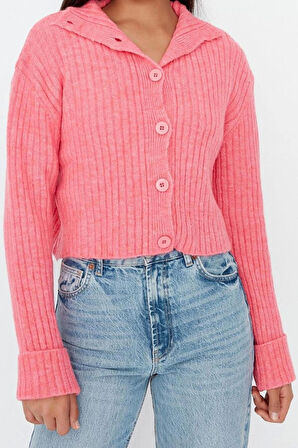 Kadın Moda Şık Crop Dik Yaka Regular Crop Yumuşak Dokulu Dik Yaka Triko Hırka