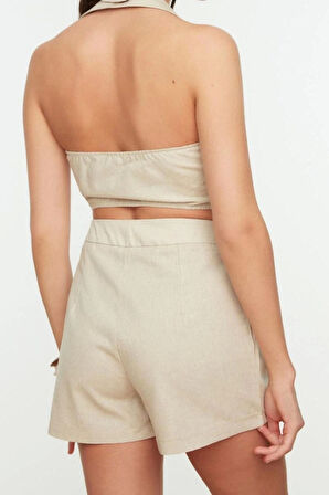 Kadın Moda Şık Boru Paça Kısa Boy Uzun Kollu Dokuma Bağlamalı Keten Karışımlı Bluz Pantolon Takım