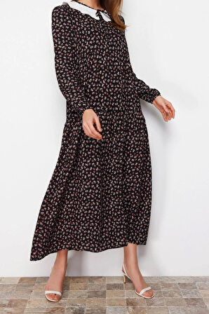 Yeni Regular Casual Günlük Belmando Dokuma V Yaka Uzun Kol A-Line Midi Boy Tesettür Elbise