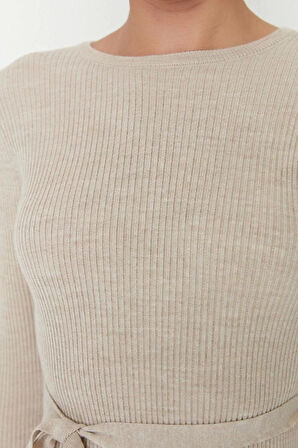 Yeni Slim Casual Günlük Fitilli Triko Bisiklet Yaka Uzun Kol A-Line Midi Boy Elbise