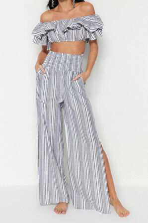 Kadın Moda Şık Geniş Paça Uzun Boy Uzun Kollu Çizgili Dokuma Fırfırlı Bluz Pantolon Takım