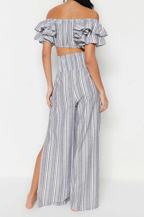 Kadın Moda Şık Geniş Paça Uzun Boy Uzun Kollu Çizgili Dokuma Fırfırlı Bluz Pantolon Takım