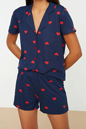 Kadın %100 Pamuk Gömlek Yaka Kısa Kol %100 Pamuk Kalp Desenli Gömlek-Şort Örme Pijama Takımı