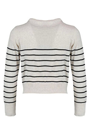 Kadın Moda Şık Regular Polo Yaka Uzun Kol Çizgili Polo Yaka Triko Hırka