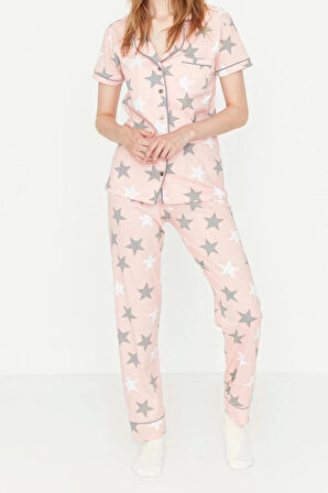 Kadın Pamuk Polyester Ceket Yaka Kısa Kol Pamuklu Yıldızlı Gömlek-Pantolon Örme Pijama Takımı