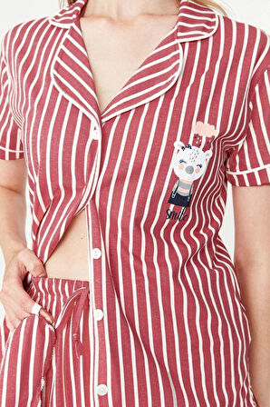 Kadın Gömlek Yaka Kısa Kol Pamuklu Çizgili Hayvan Baskılı Gömlek-Pantolon Örme Pijama Takımı