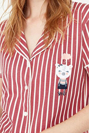 Kadın Gömlek Yaka Kısa Kol Pamuklu Çizgili Hayvan Baskılı Gömlek-Pantolon Örme Pijama Takımı